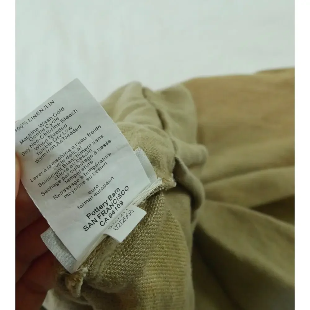 Pottery Barn 100% Linen Euro Sham Pair Shell Buttons FLAW Tan Minimal Heavy